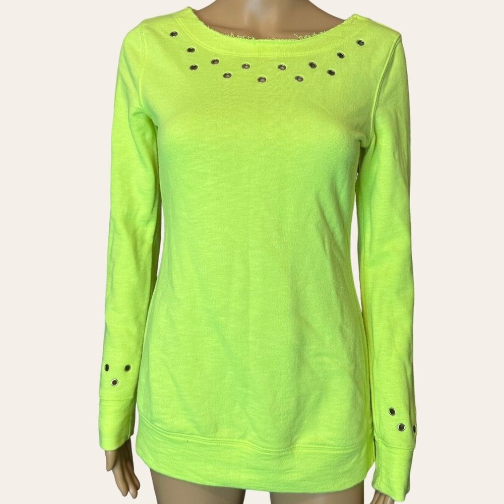 Urban Fit Pullover Sweater Medium M Neon Yellow 100% Cotton Eyelets Neck Fringes